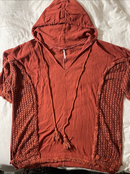 Free People Tops - Free People Rust Hooded Crochet-Sleeve Pullover